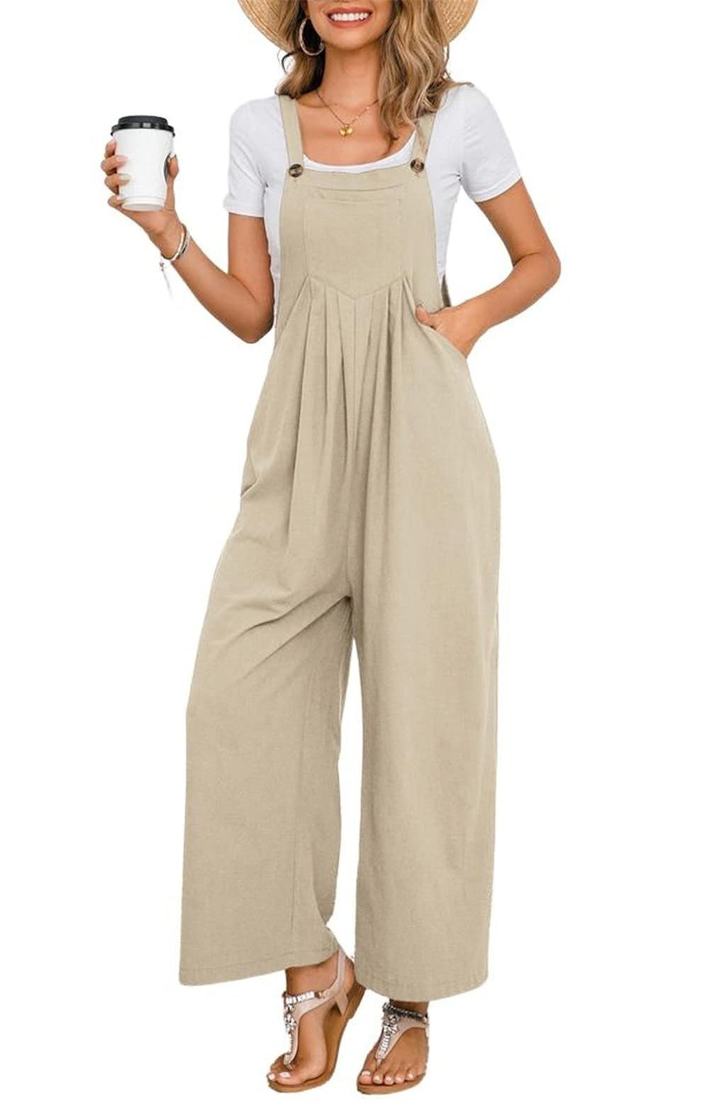 Khaki Wide Leg Women's Dungarees, Jersey Cotton