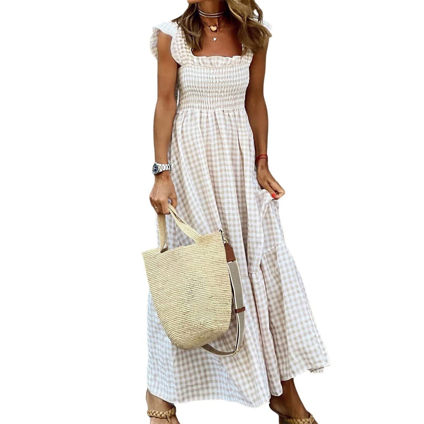 African Print Stretchy Sundress Tartan Dress Women Women's Plaid Smocked Maxi Dress Spaghetti Strap, Flounce Hem, A-Line, With Pockets Smocked Dresses For Women African Print Stretchy Sundress Tartan Dress Women Women's Plaid Smocked Maxi Dress Spaghetti Strap, Flounce Hem, A-Line, With Pockets Smocked Dresses For Women