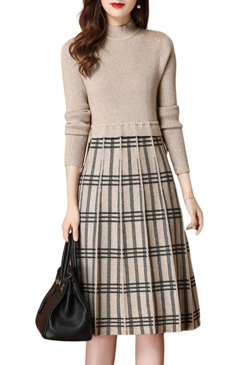 Chouyatou Women's Vintage Plaid Checkered Color Block A Line Pleated Knitted Sweater Midi Long Dress