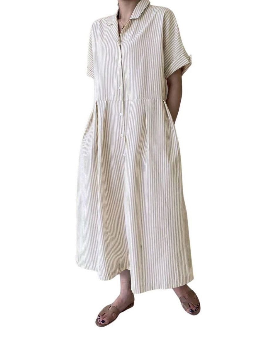 Chouyatou Women's Cotton Striped Shirt Dress Button Up Short Sleeve Midi Long Shift Dress with Pockets