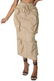 Chouyatou Women's Vintage 90s Drawstring Stretchy Zipper Muti-Pockets Pencil Long Cargo Skirt