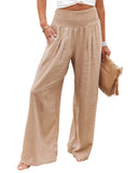 Chouyatou Women's Smocked High Waisted Cotton Linen Wide Leg Pants Palazzo with Pockets