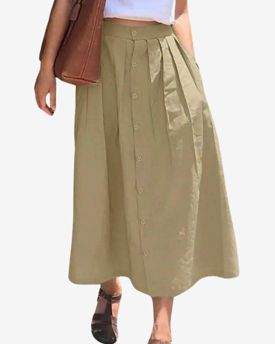 Chouyatou Women's High Waisted Button Front Skirt A-Line Pleated Cotton Midi Long Skirt with Pockets