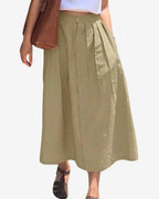 Chouyatou Women's High Waisted Button Front Skirt A-Line Pleated Cotton Midi Long Skirt with Pockets