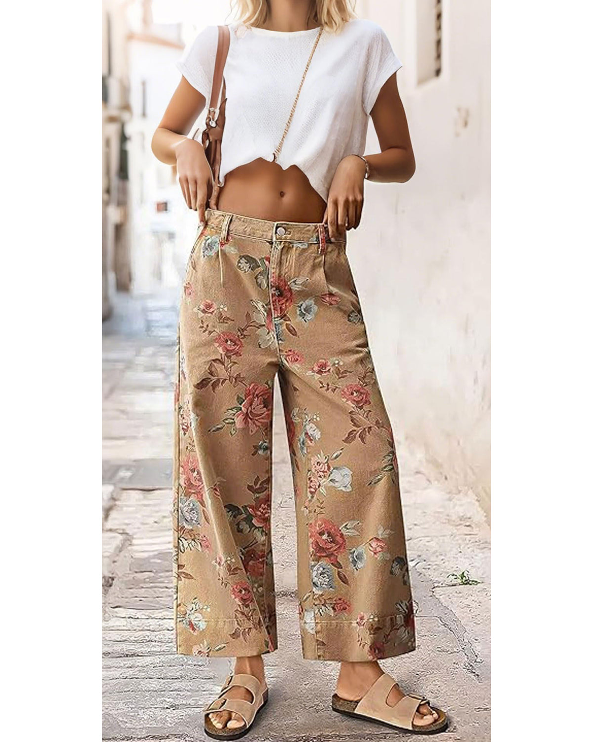 Chouyatou Women Mid Rise Cropped Wide Leg Jeans Baggy Floral Ankle Pants Denim Capris Flare Print Boho Palazzo Jeans Boyfriend