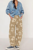 Chouyatou Women Y2k Distressed Barrel Jeans Baggy Wide Leg Jeans Floral Printed Boyfriend Patchwork Denim Pants