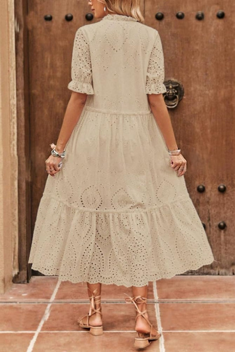 Chouyatou Women's Summer Boho Embroidery Eyelet Dress V-Neck Collared Tiered Midi Tunic Dress