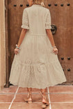 Chouyatou Women's Summer Boho Embroidery Eyelet Dress V-Neck Collared Tiered Midi Tunic Dress
