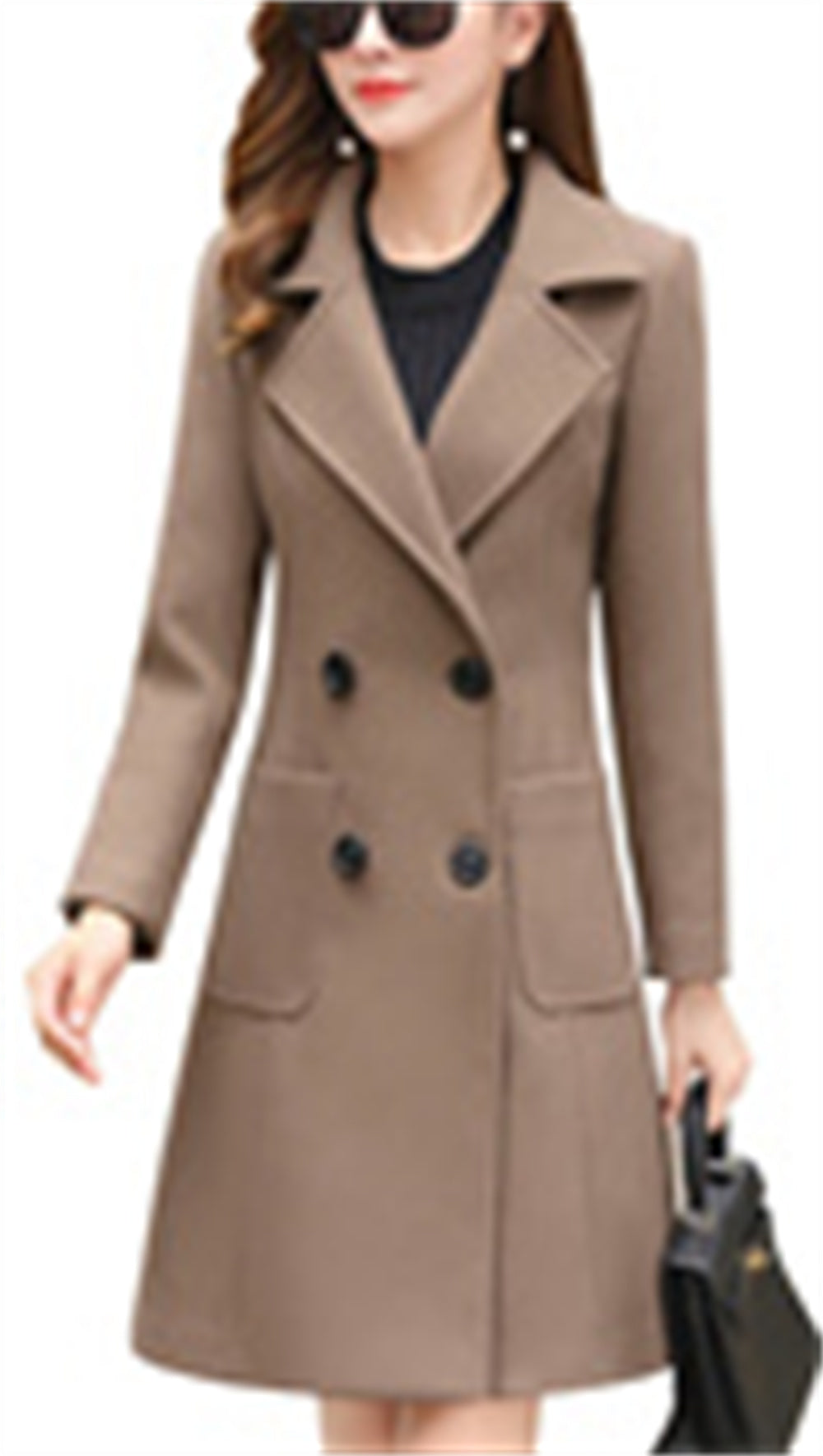 Chouyatou Women Elegant Notched Collar Double Breasted Wool Blend Over Coat