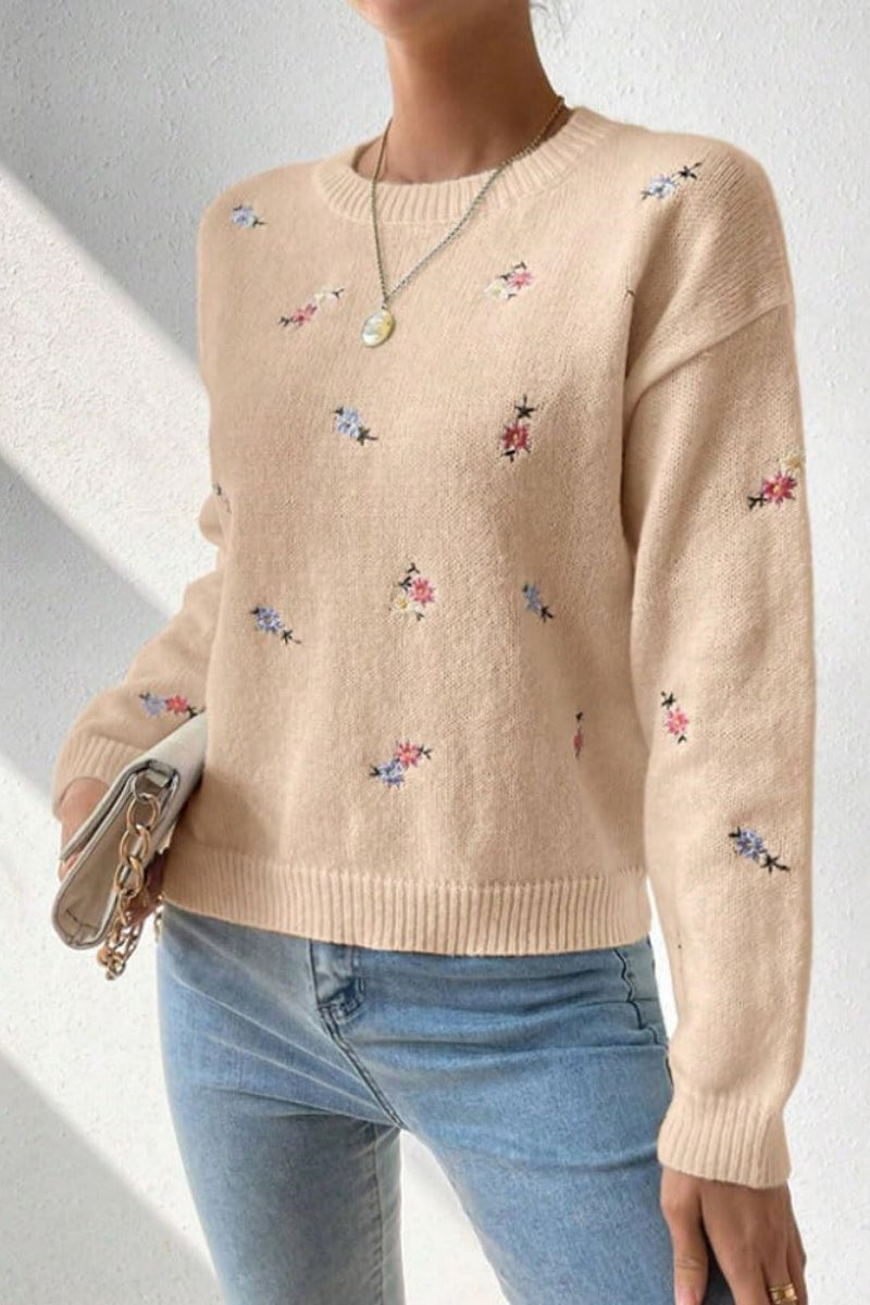 Chouyatou Women's Ditsy Floral Embroidered Pullover Sweater Color Block Loose Fit Knit Jumper Tops