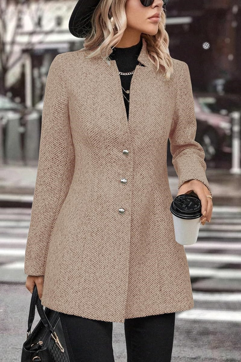 Chouyatou Women's Business Casual Herringbone Wool Coat Button Up Notch Collar Dressy Blazer Jacket