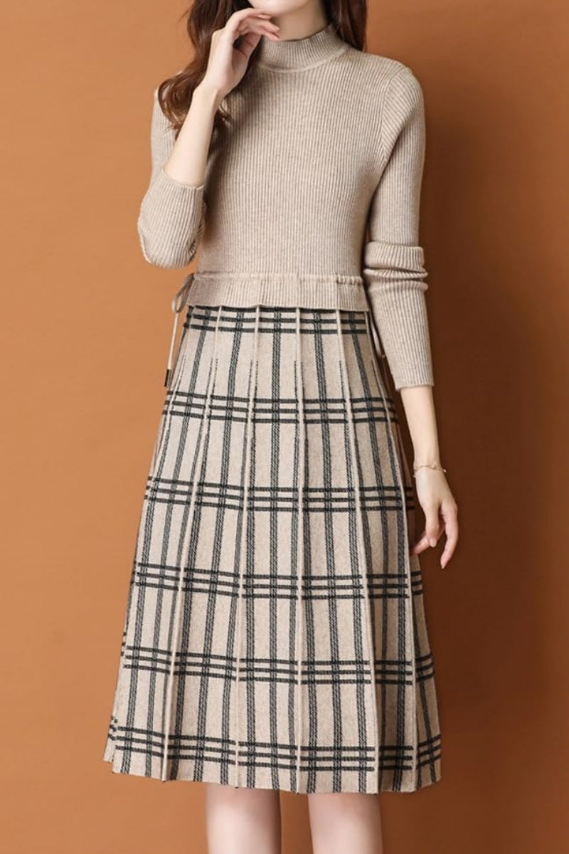 Chouyatou Women's Vintage Plaid Checkered Color Block A Line Pleated Knitted Sweater Midi Long Dress