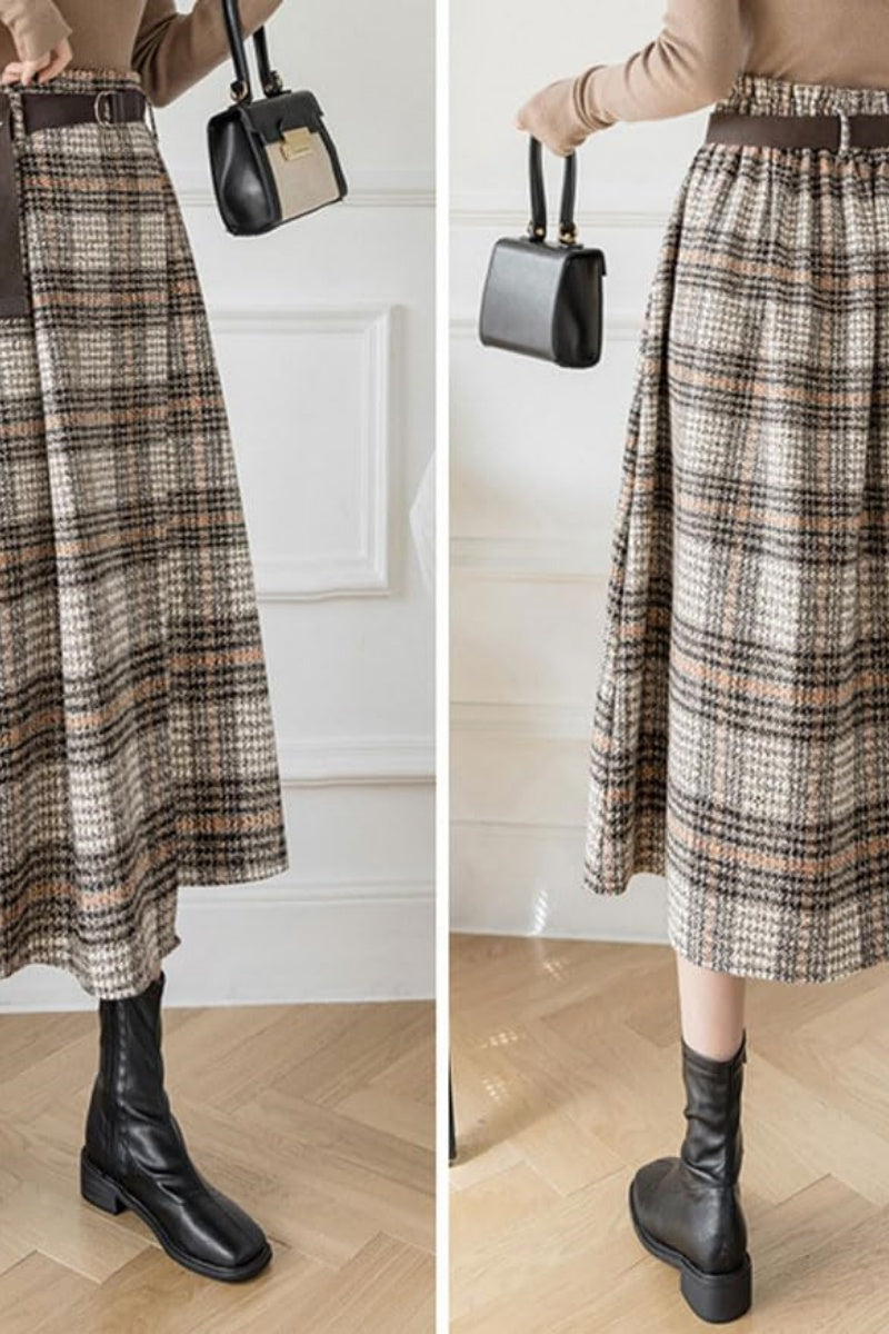 Chouyatou Women's Vintage Plaid Wool Blend Midi Skirt Houndstooth A Line Wool Long Skirt with Belt