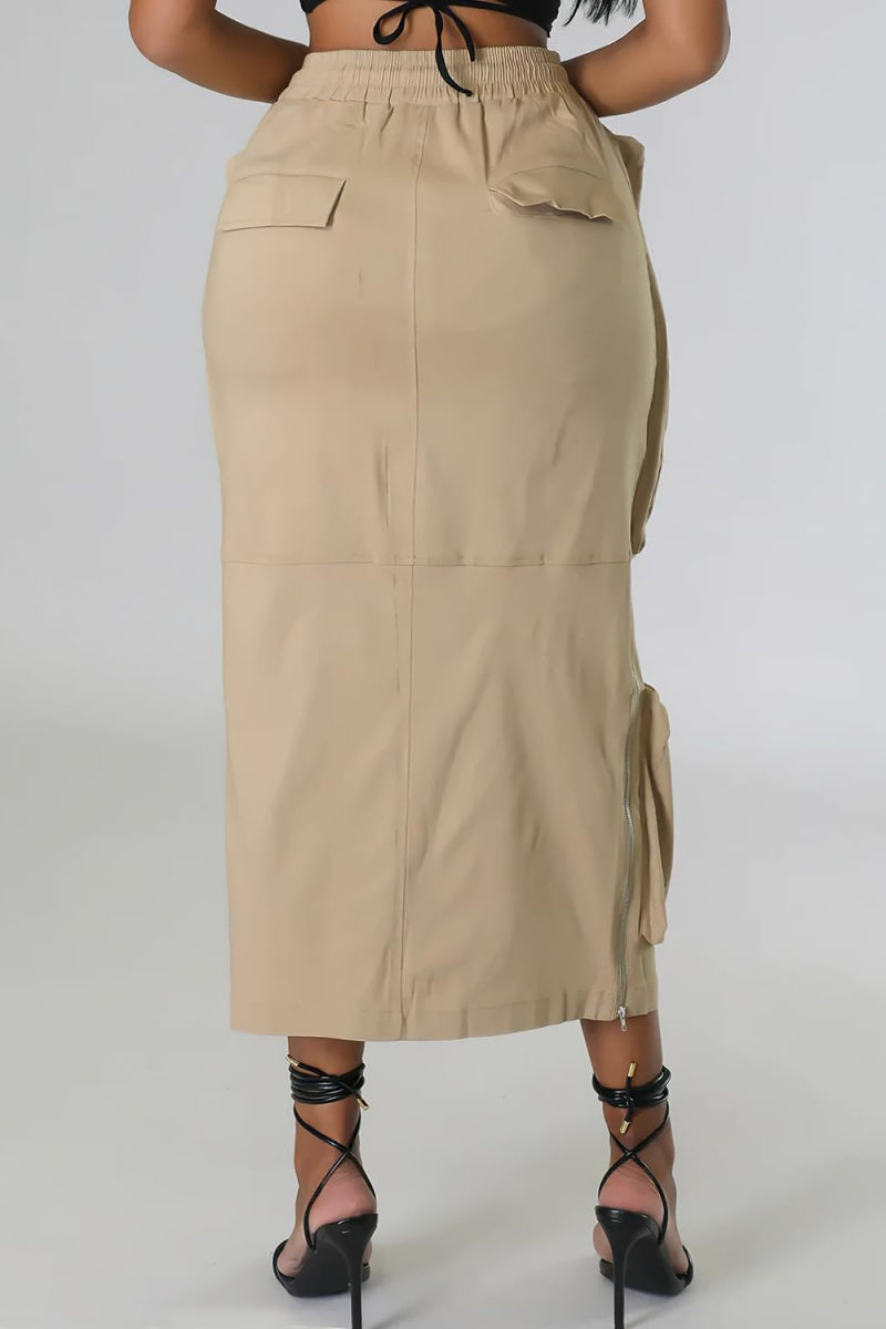 Chouyatou Women's Vintage 90s Drawstring Stretchy Zipper Muti-Pockets Pencil Long Cargo Skirt