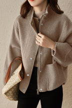 Chouyatou Women's Casual Stand Collar Single Breasted Short Wool Pea Coat Overcoat with Pockets