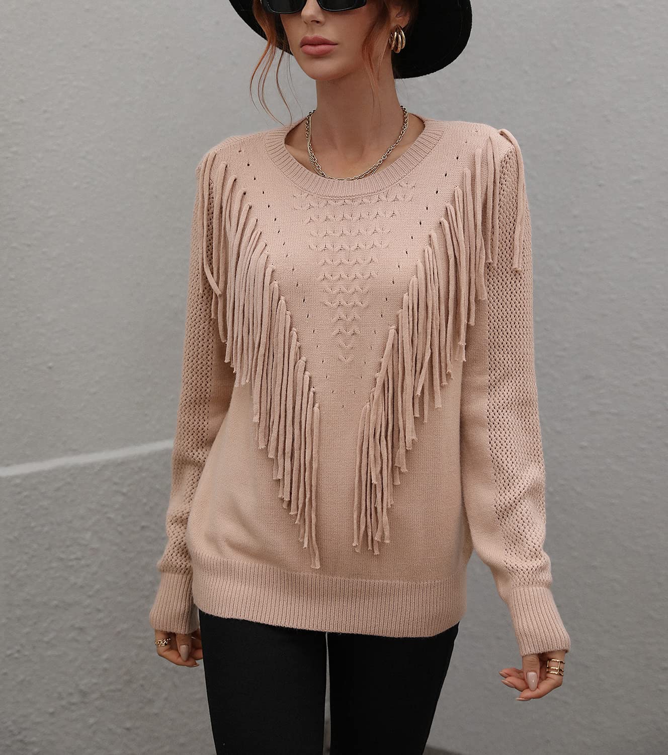 Chouyatou Women's Casual Crewneck Fringe Tassel Knitted Pullover Sweater Jumper Tops