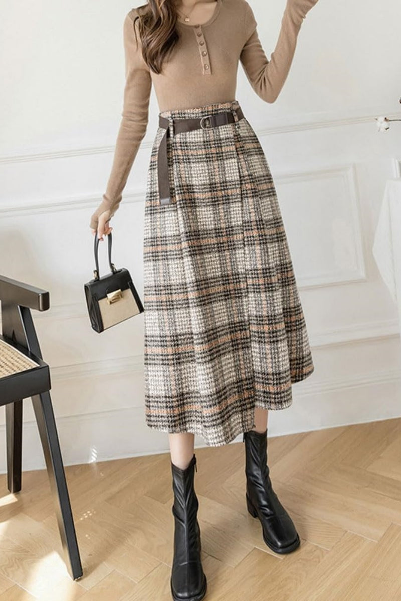 Chouyatou Women's Vintage Plaid Wool Blend Midi Skirt Houndstooth A Line Wool Long Skirt with Belt
