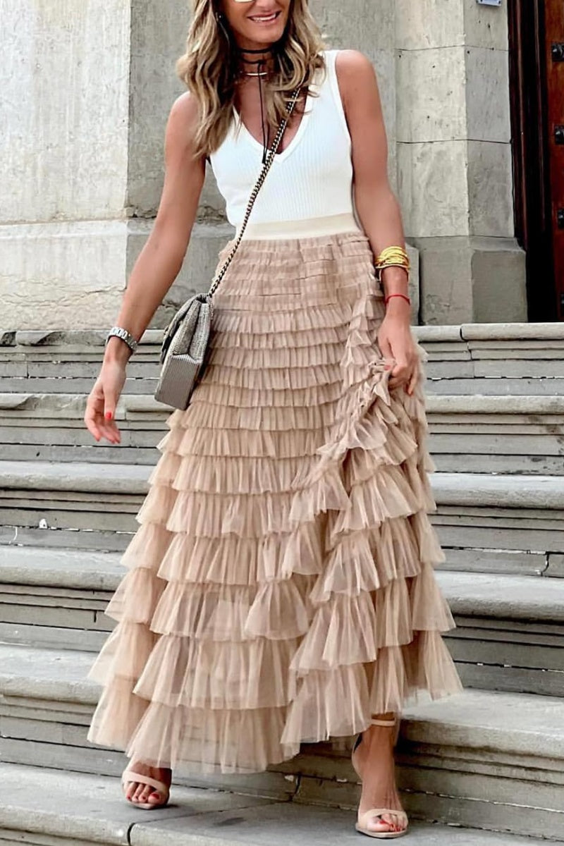 Chouyatou Women's Ruffled Tiered Tutu Tulle Skirt Stretchy A-line Prom Party Long Skirt