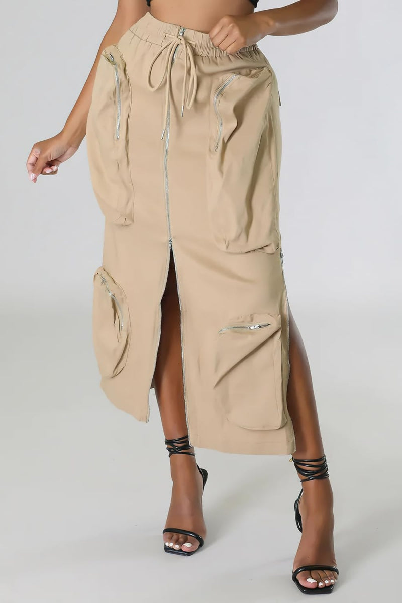Chouyatou Women's Vintage 90s Drawstring Stretchy Zipper Muti-Pockets Pencil Long Cargo Skirt