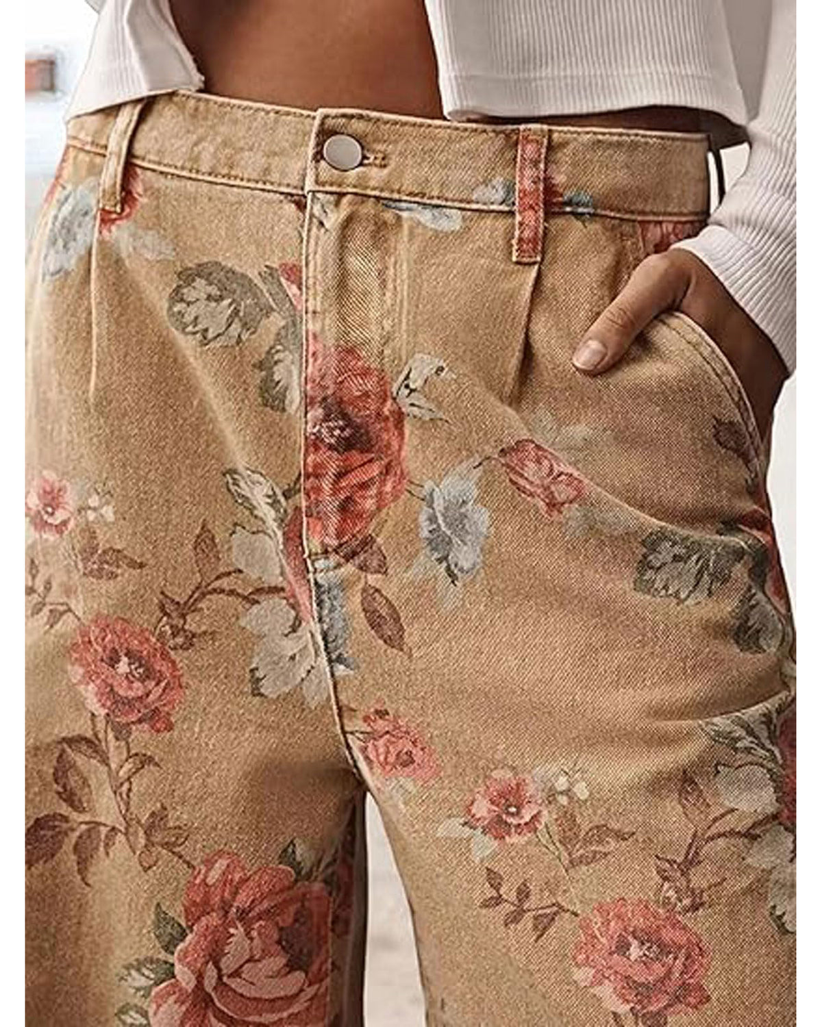 Chouyatou Women Mid Rise Cropped Wide Leg Jeans Baggy Floral Ankle Pants Denim Capris Flare Print Boho Palazzo Jeans Boyfriend
