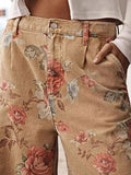 Chouyatou Women Mid Rise Cropped Wide Leg Jeans Baggy Floral Ankle Pants Denim Capris Flare Print Boho Palazzo Jeans Boyfriend