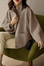 Chouyatou Women's Casual Stand Collar Single Breasted Short Wool Pea Coat Overcoat with Pockets