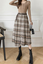 Chouyatou Women's Vintage Plaid Wool Blend Midi Skirt Houndstooth A Line Wool Long Skirt with Belt