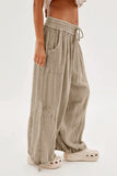 Chouyatou Womens Casual Loose Fit Wide Leg Cotton Pants Drawstring Stitching Baggy Pants Trousers with Pockets