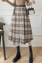 Chouyatou Women's Vintage Plaid Wool Blend Midi Skirt Houndstooth A Line Wool Long Skirt with Belt