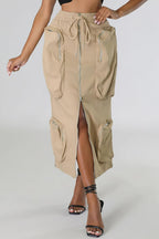 Chouyatou Women's Vintage 90s Drawstring Stretchy Zipper Muti-Pockets Pencil Long Cargo Skirt