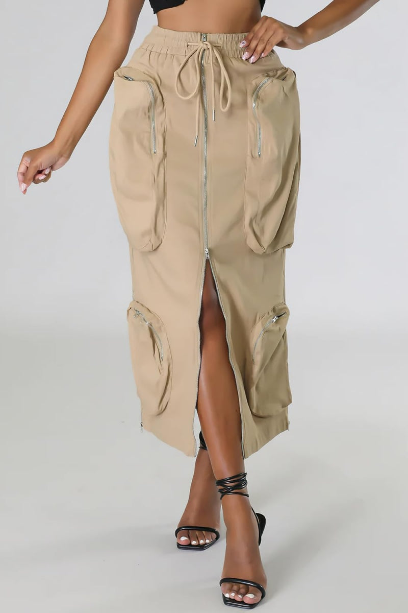 Chouyatou Women's Vintage 90s Drawstring Stretchy Zipper Muti-Pockets Pencil Long Cargo Skirt