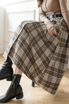 Chouyatou Women's Vintage Plaid Wool Blend Midi Skirt Houndstooth A Line Wool Long Skirt with Belt