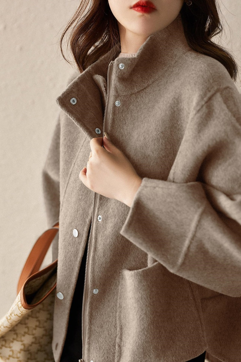 Chouyatou Women's Casual Stand Collar Single Breasted Short Wool Pea Coat Overcoat with Pockets
