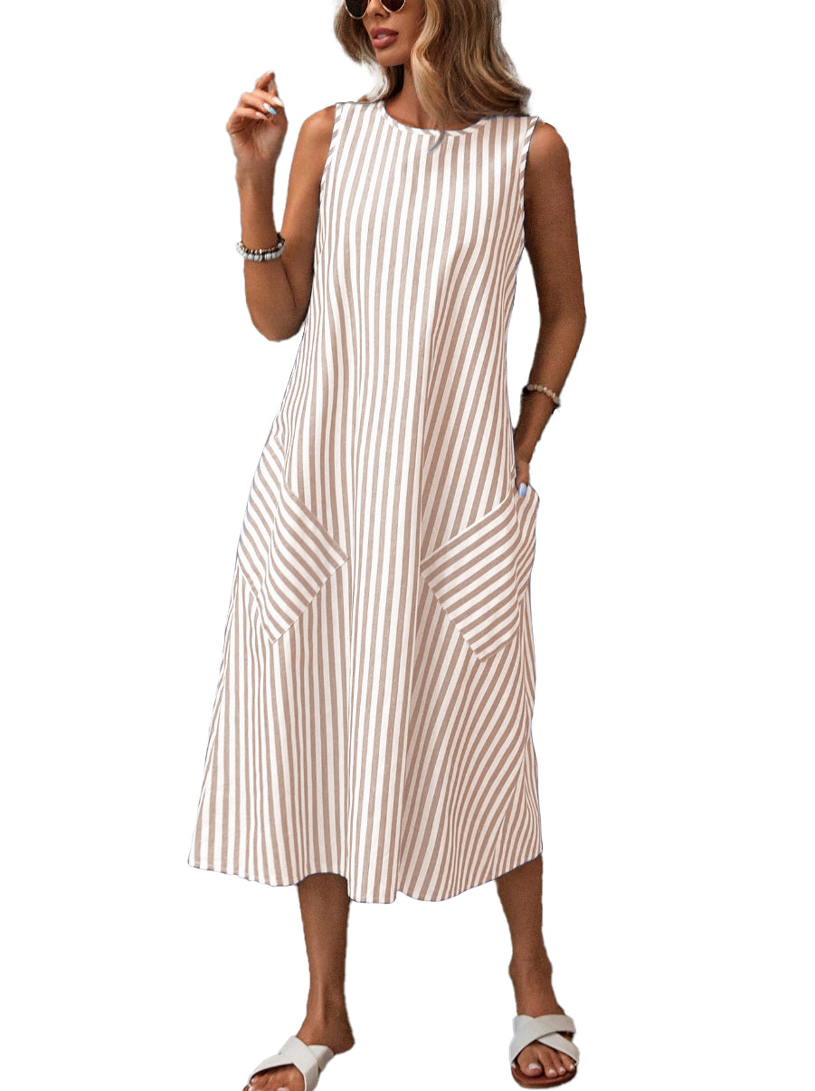 chouyatou Women's Casual Loose Vertical Striped Dress Crew Neck Sleeveless Midi Long Tank Dress with Pockets