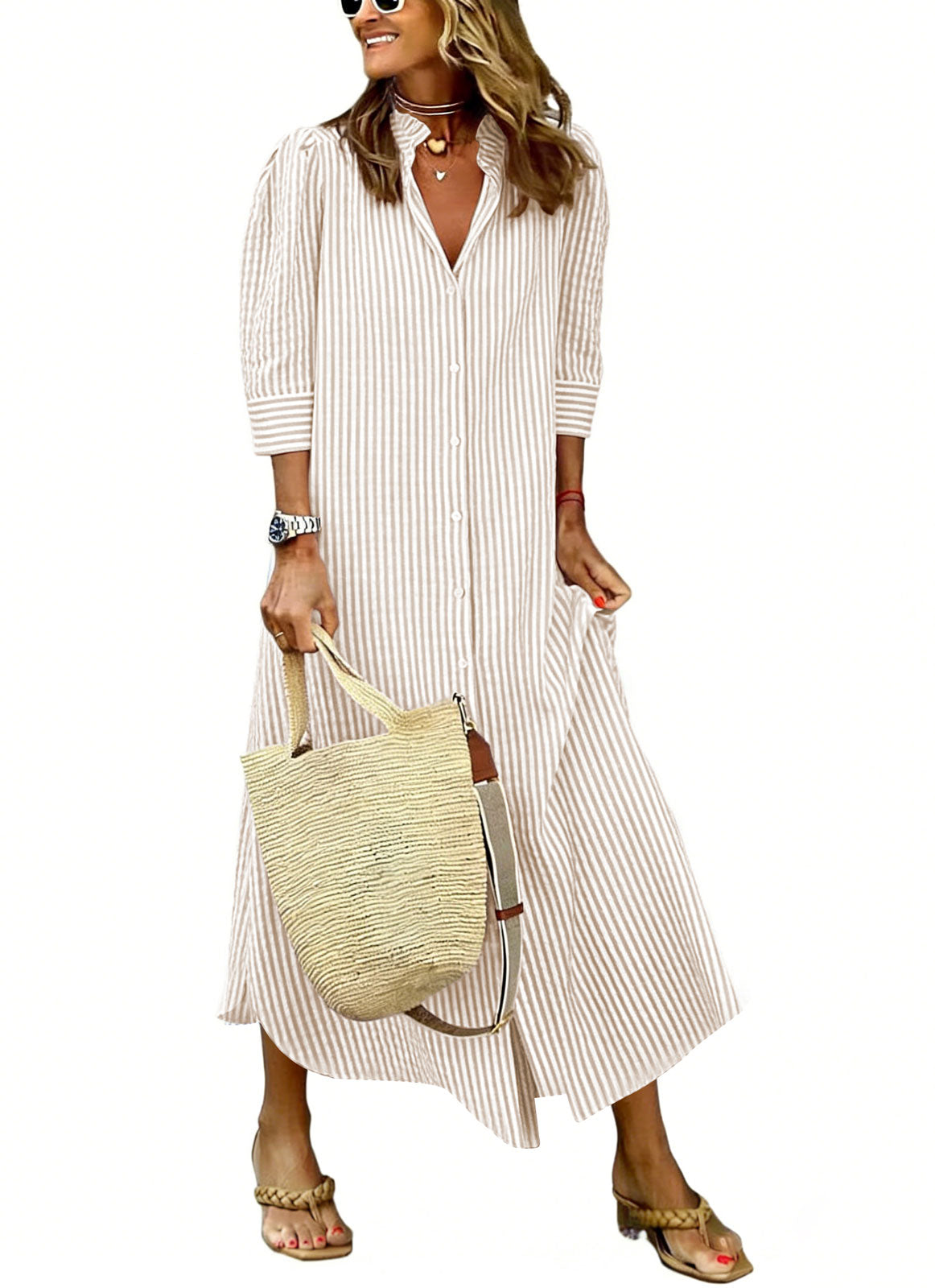 Chouyatou Women's Summer Boho Belted Striped Shirt Dress Casual Loose Short Sleeve Midi Long Beach Dress