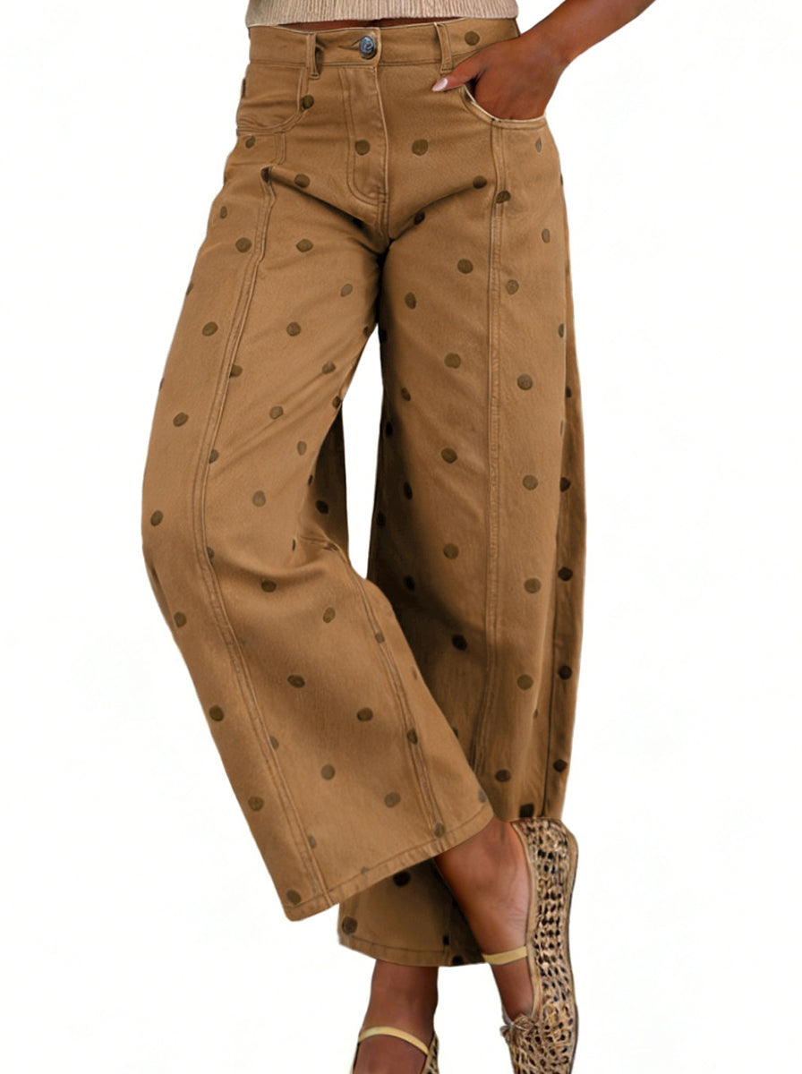 CHOUYATOU Women's Polka Dot Pattern Barrel Jeans Boyfriend Y2K Casual Mid Rise Wide Leg Denim Pants