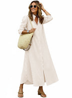 Chouyatou Women's Summer Boho Belted Striped Shirt Dress Casual Loose Short Sleeve Midi Long Beach Dress
