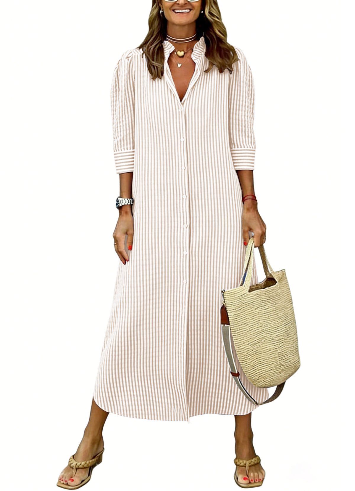 Chouyatou Women's Summer Boho Belted Striped Shirt Dress Casual Loose Short Sleeve Midi Long Beach Dress