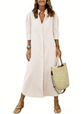 CHOUYATOU Women's Summer 3/4 Sleeve Striped Maxi Long Shirt Dress Boho Ruffled Button Down Beach Dress