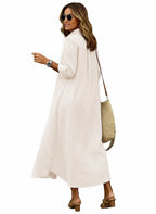 Chouyatou Women's Summer Boho Belted Striped Shirt Dress Casual Loose Short Sleeve Midi Long Beach Dress