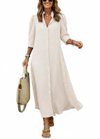Chouyatou Women's Summer 3/4 Sleeve Striped Maxi Long Shirt Dress Boho Ruffled Button Down Beach Dress