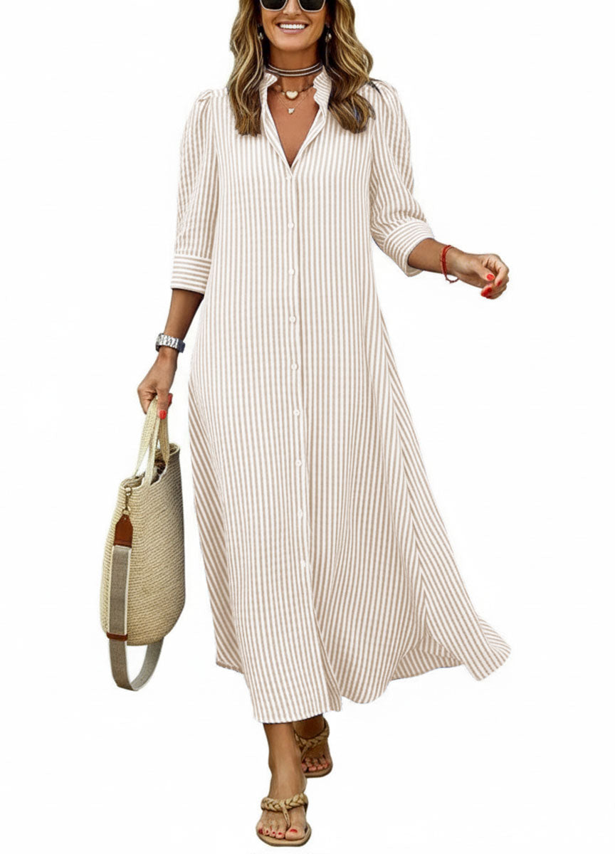 Chouyatou Women's Summer 3/4 Sleeve Striped Maxi Long Shirt Dress Boho Ruffled Button Down Beach Dress