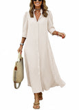 CHOUYATOU Women's Summer 3/4 Sleeve Striped Maxi Long Shirt Dress Boho Ruffled Button Down Beach Dress