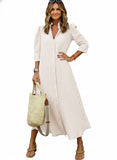 CHOUYATOU Women's Summer 3/4 Sleeve Striped Maxi Long Shirt Dress Boho Ruffled Button Down Beach Dress