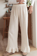 Chouyatou Womens Gingham Pants Wide Leg Lounge Pants Y2k Plaid Print Ruffle Hem Loose Trouser