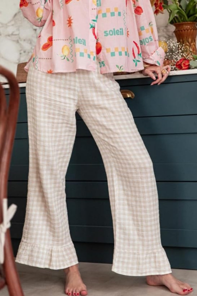 Chouyatou Womens Gingham Pants Wide Leg Lounge Pants Y2k Plaid Print Ruffle Hem Loose Trouser