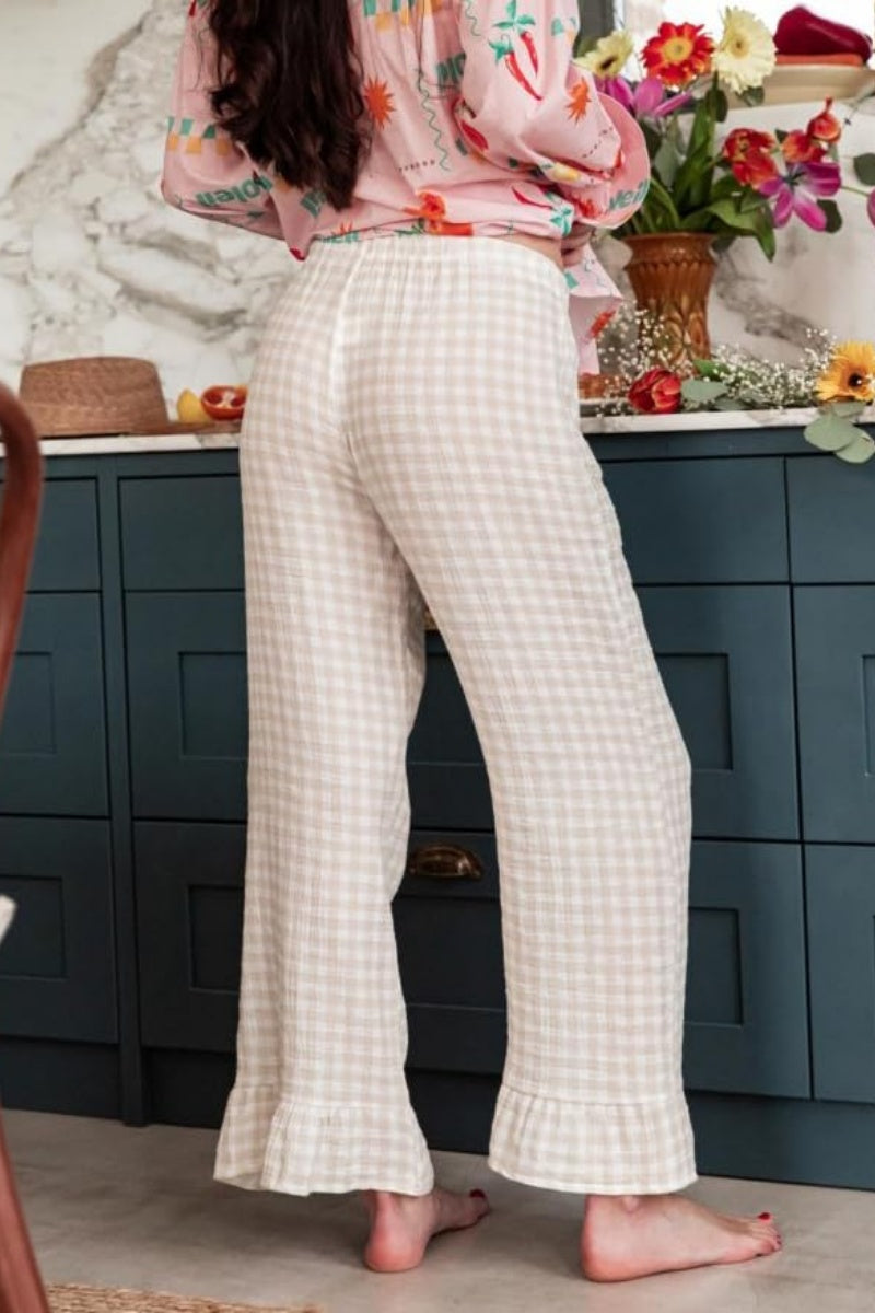 Chouyatou Womens Gingham Pants Wide Leg Lounge Pants Y2k Plaid Print Ruffle Hem Loose Trouser