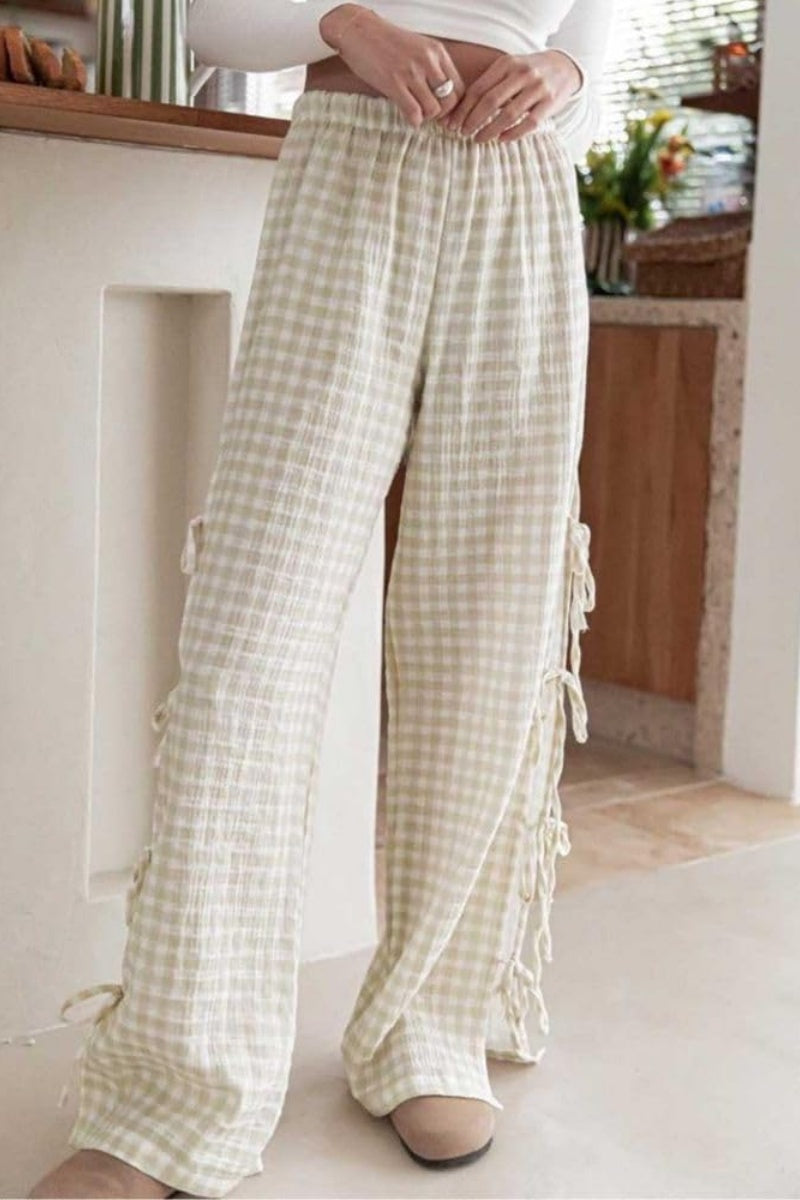 Chouyatou Womens Gingham Striped Wide Leg Pants Y2k Lounge Pants Lace Up Loose Trousers