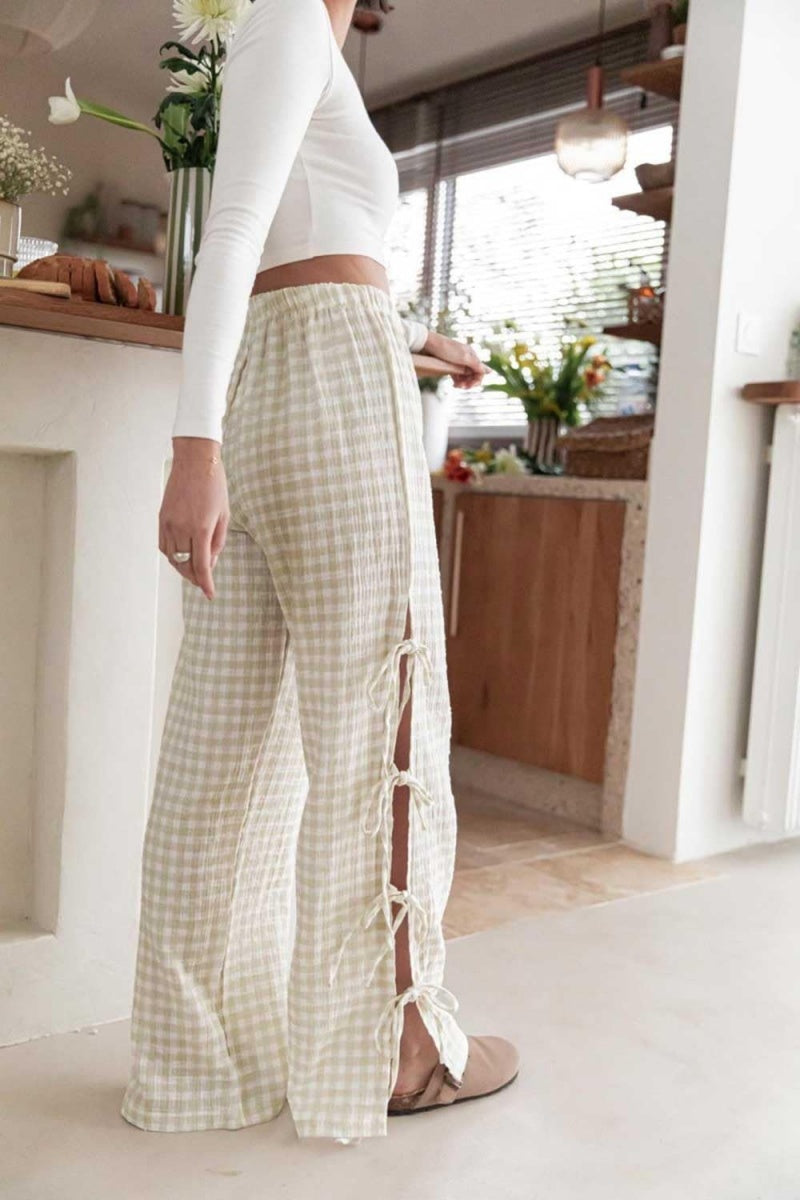 Chouyatou Womens Gingham Striped Wide Leg Pants Y2k Lounge Pants Lace Up Loose Trousers