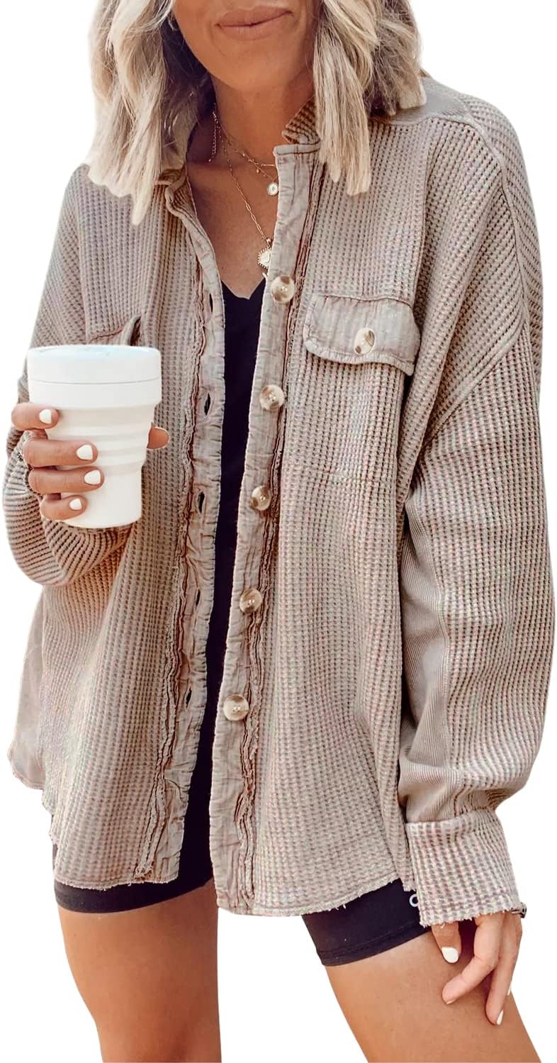 Chouyatou Women's Loose Fit Batwing Sleeve Waffle Knit Button Down Shirt Shacket Tops